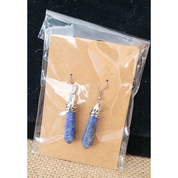 1-1/4" Genuine Lapis Obelisk Dangle Silver French Wire Earrings Fashion Jewelry - Picture 3 of 3